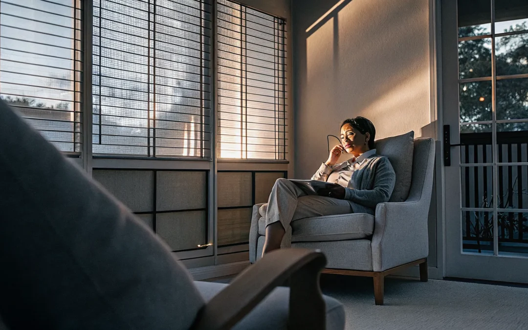 Professional adult in a calm therapy room with warm evening light, representing evening IOP for working professionals in Sarasota