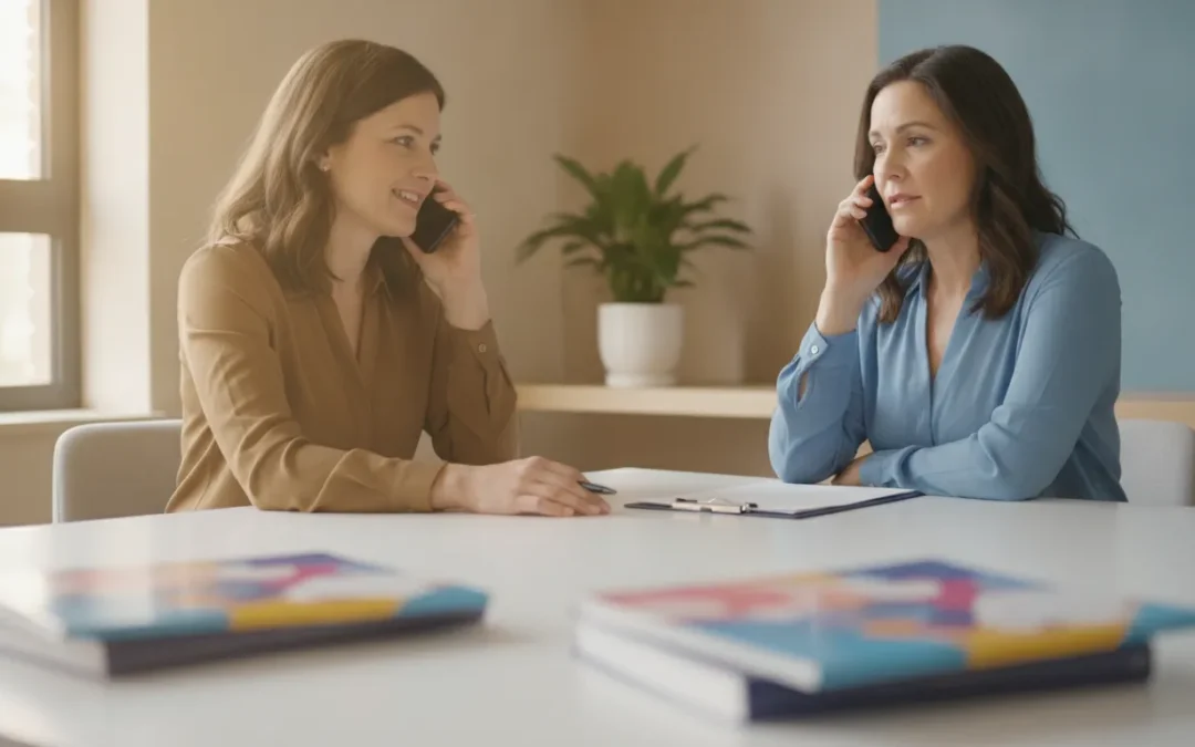 A supportive intake specialist speaking with an adult in a bright outpatient clinic office