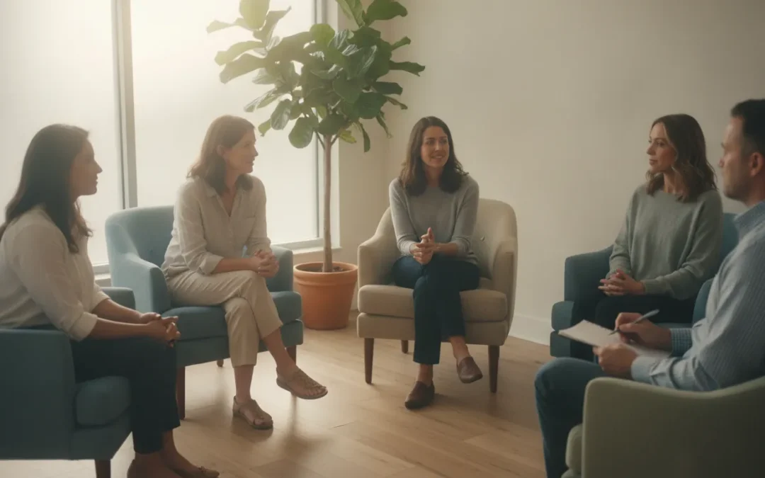 Small group of adults participating in an outpatient rehab therapy session in a warm Sarasota office