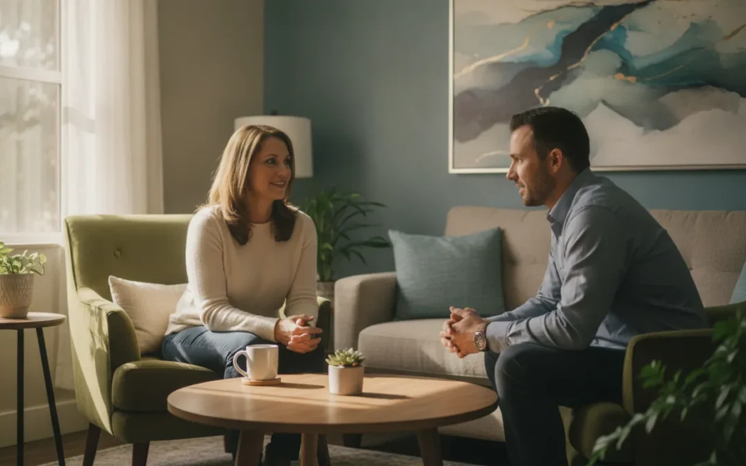 Adult speaking with a therapist in a calm Sarasota outpatient mental health setting