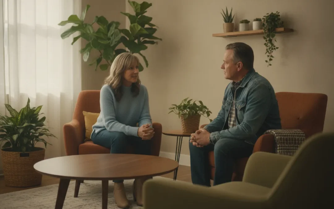 A compassionate counselor speaking calmly with a client in a bright, calm outpatient therapy office