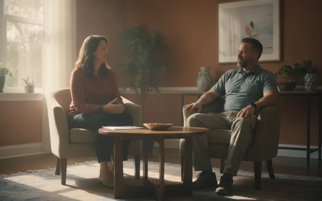 A supportive counselor speaking with a veteran in a calm outpatient therapy office in Sarasota