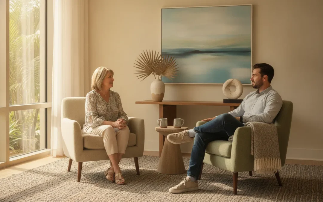 Counselor speaking with an adult in a comfortable outpatient therapy session in Sarasota