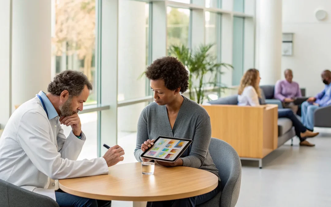 Doctor explaining how outpatient rehab works to a patient using a tablet.