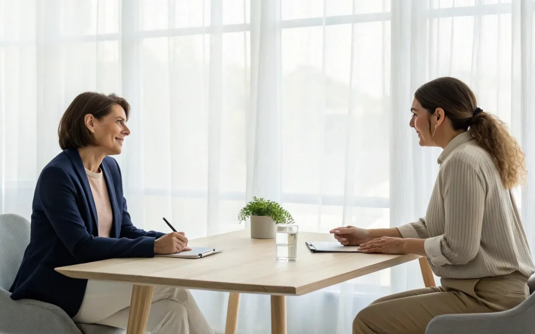 A woman meets with a professional for a mental health evaluation in a welcoming office.