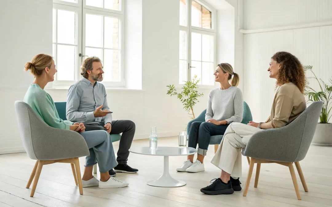 People in a supportive group therapy session for social anxiety disorder.