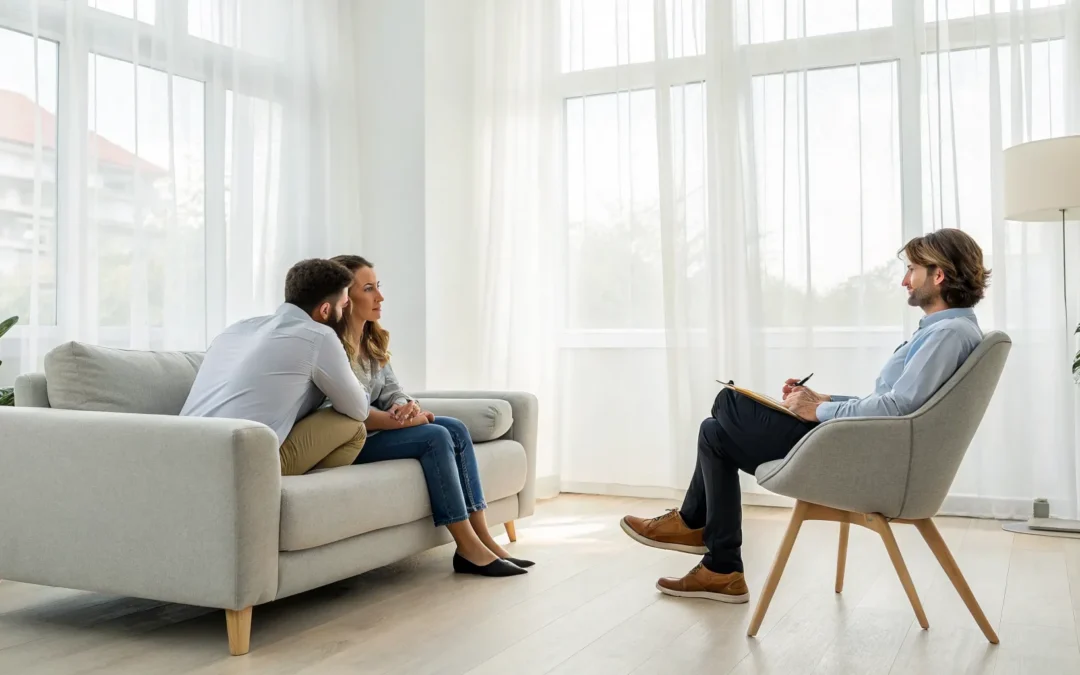Couple talking with a therapist to improve their relationship.