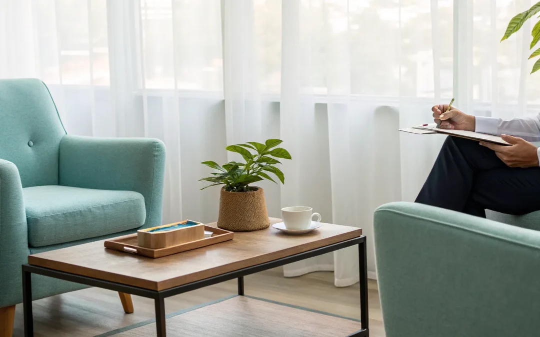 A calm, professional office for a clinical mental health counseling session.