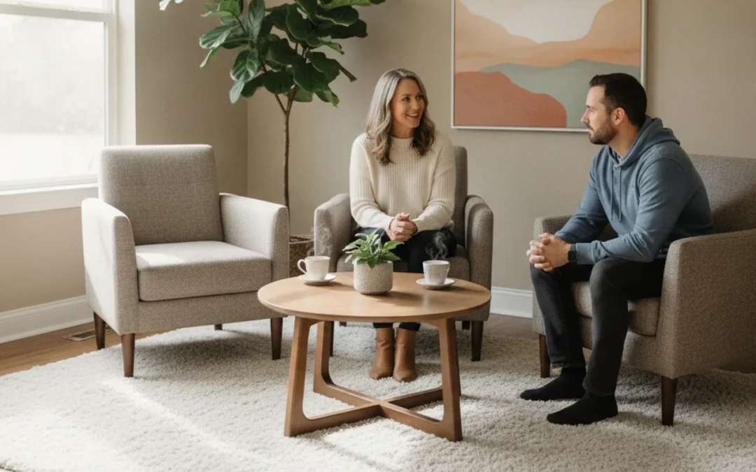 Counselor speaking with an adult in a calm outpatient treatment office