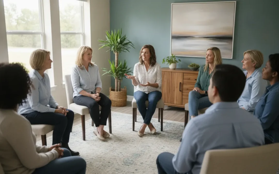 Small adult recovery support group meeting in a bright Sarasota outpatient counseling room