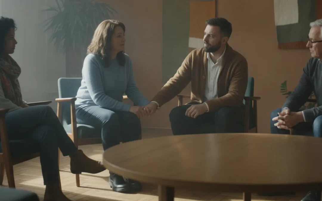 Adults listening in a peer recovery meeting
